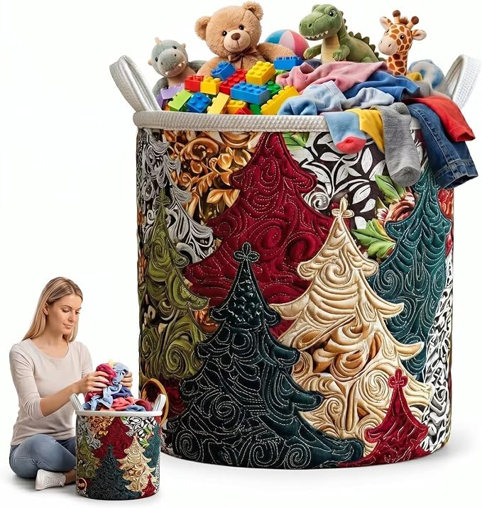 Quilted Laundry Basket with Handles, Boho Floral Fabric Storage Hamper, Large Soft Storage Hamper for Bedroom, Laundry Room, Clothes(16" x 22")