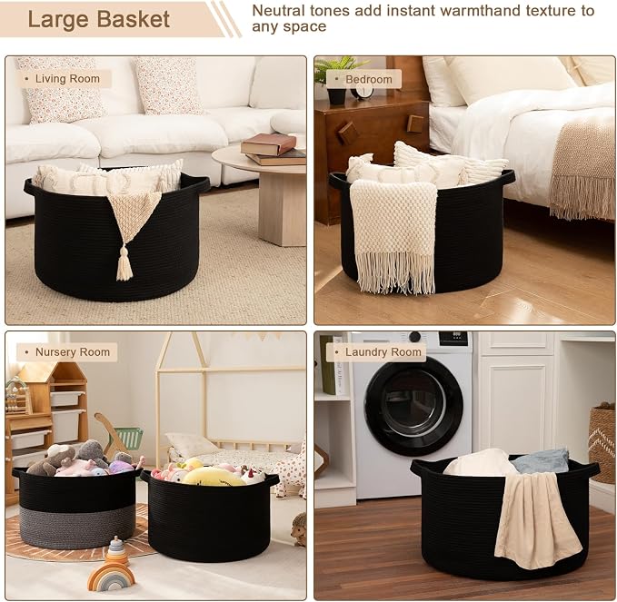 OIAHOMY 115L Extra Large Blanket Basket for Living Room, 23.6" x 15.4" Woven Cotton Rope Laundry Basket for Organizing Pillows, Decorative Stuffed Animal Toy Storage for Nursery, Black