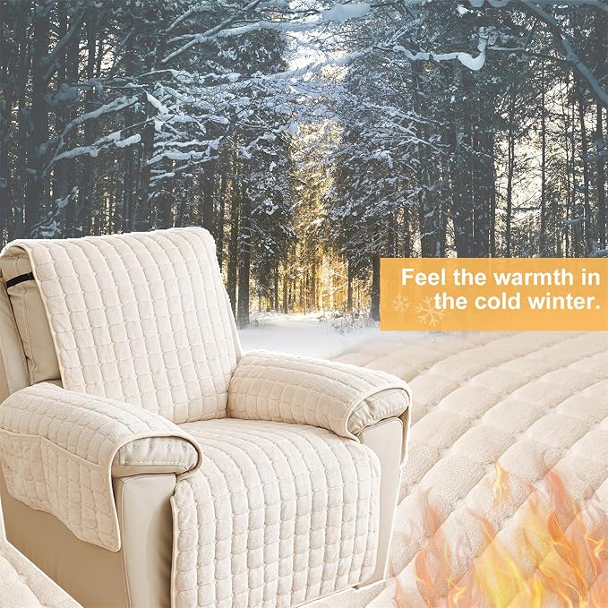 Polyester Flannel Recliner Cover, Non-Slip with 2 Side Pockets | Soft short-pile polyester with silicone backing guards armrests from pet scratches; thick one-piece cover, machine washable.