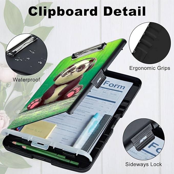 A4 Clipboard with Storage Pen Holder, Clipboards Organizer Nursing Clipboard Foldable File Folder Plastic Clipboard Folio Clip Board for Office Work Classroom Doctor, Forest Panda
