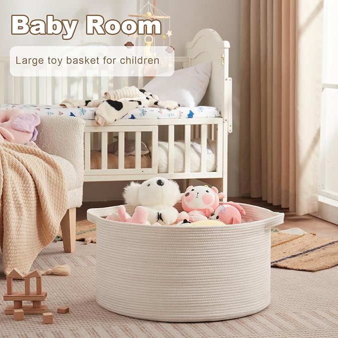 OIASKET Large Woven Baskets for Storage, 22.8" x 22.8" x 13" Blanket Storage Living Room, Baby Toy Basket for Clothes, Pillows, Towels, Shoe Basket for Entryway (White)
