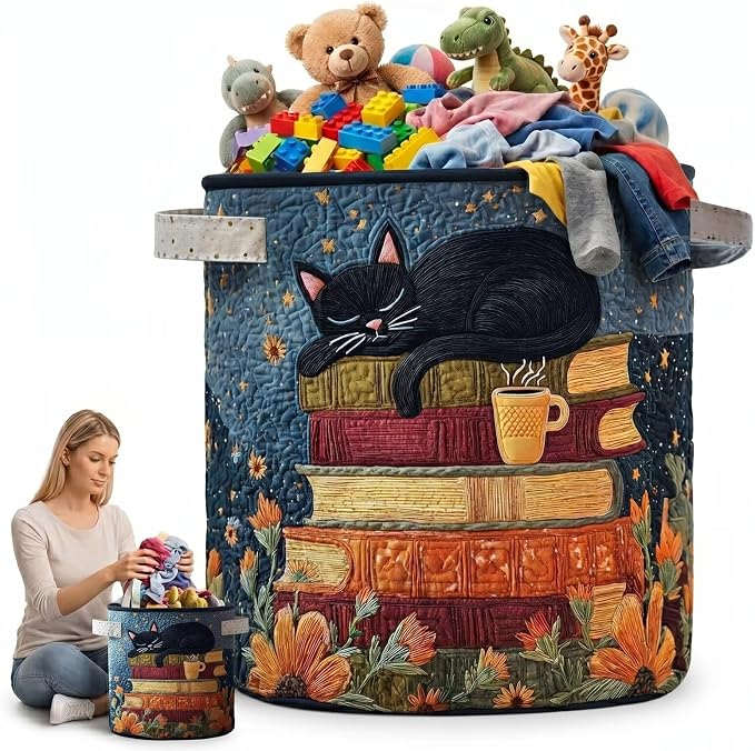 Cozy Black Cat Laundry Basket, Quilted Fabric Clothes Hamper with Handles, Decorative Book Stack Storage Bin, Gift for Cat Lovers Dorm(16" x 22")