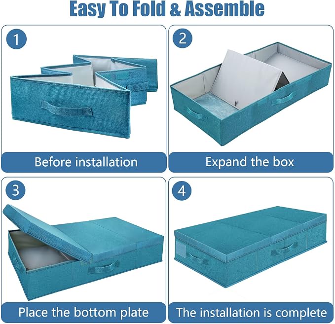 Supowin 2Pack Large Underbed Storage Containers Bin with Lids, Cyan Blue | 6 Inches Tall Under Bed Storage Organizer Box with Handles, Foldable Closet Organizer for Clothes, Blankets, Seasonal Items