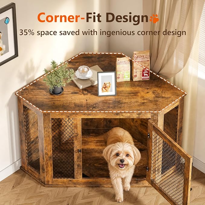 52" Corner Dog Crate Furniture, Wooden Dog Kennel Indoor | Corner Dog Kennel Furniture for Medium-Large Dogs, Brown Space-Saving Decorative Indoor Pet House with Mesh Door & Lock