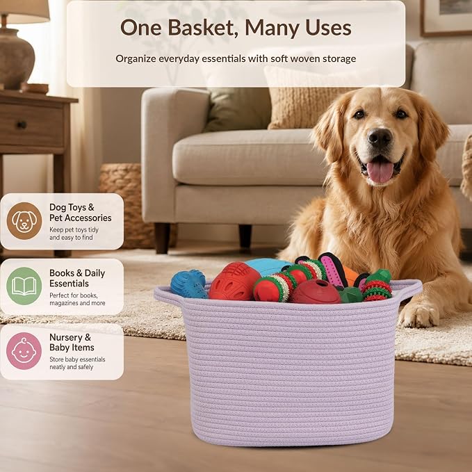 XUANGUO Woven Cotton Rope Storage Basket with Handles 13x10x9 inch Purple | Woven cotton rope basket for shelves and closets. Perfect for toys, books, clothes, nursery storage and gift baskets.