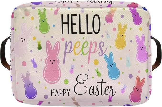 Happy Easter Day Peep Bunny Storage Basket with Waterproof Liner and PU Handles Easter Eggs Leopard Cheetah Storage Bins Boxes 14.2" Collapsible Decorative Organizer Baskets for Bedroom Closet 2 Pack