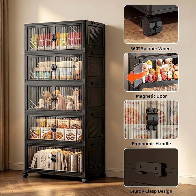 5-Tier Foldable Storage Cabinet with Wheels & Lid, 242QT Large Stackable Organizer, No Tool Required, Storage Cabinet for Garage, Home Office, Pantry, Kitchen, Dorm