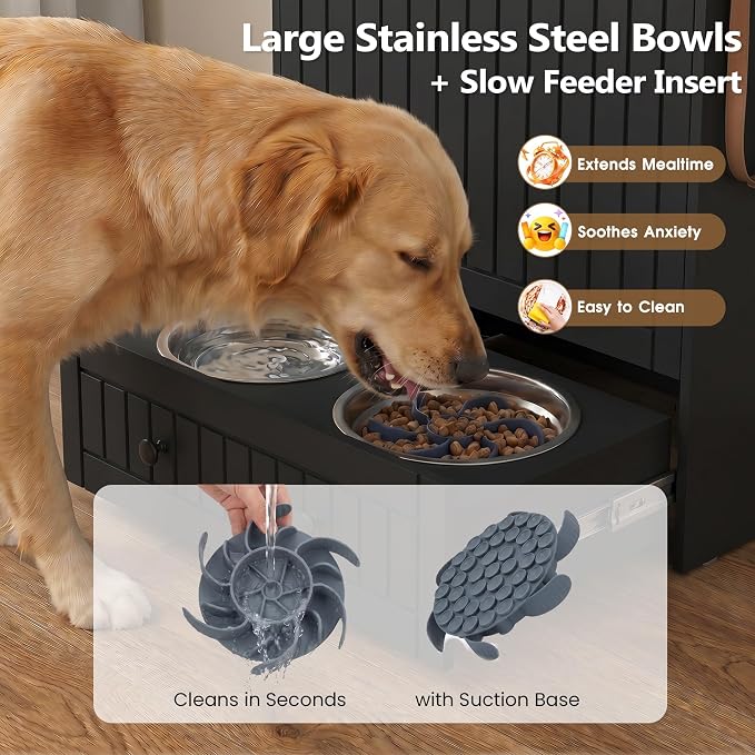 Dog Feeding Station Cabinet Elevated Bowls (Black, Classic Panel) | Slow Feeder Insert, Large food bin, Removable Divider, 3 Side Hooks, Pull-Out Drawer, Easy to Clean for Small & Middle Dogs