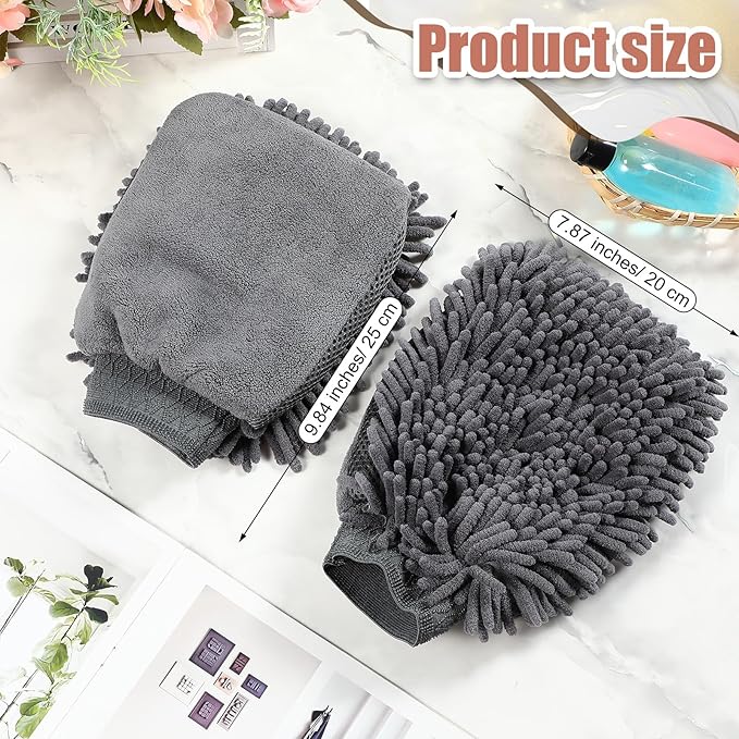 Teenyyou 2 Pcs Dog Towel Mitt Dry Bath Gloves Chenille Microfiber Paws Clean Pet Hair Washing Gloves Dog Grooming Mitts Bath Supplies for Cats Rabbits Horses Suitable for Long/Short/Poodle Fur(Grey)