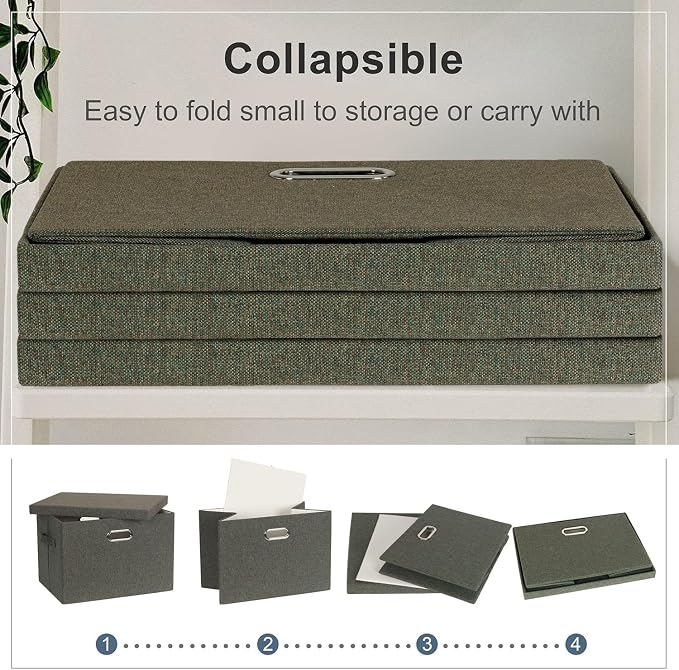 Storage Bins with Lids Fabric Closet Organizers Cubes Office Organization | 36 Quart 3 Pack Dark Green Collapsible Stackable Linen Fabric 4 Handles Bedroom Closet Cabinet Under Bed Clothes Toy Office