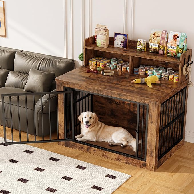 IRONCK 43.3" Extra Large Dog Crate Furniture with Storage Shelf | 10mm iron rods. Storage shelf and 4 hooks. 200 lb tabletop. 30"L x 43.3"W x 41.1"H indoor large crate