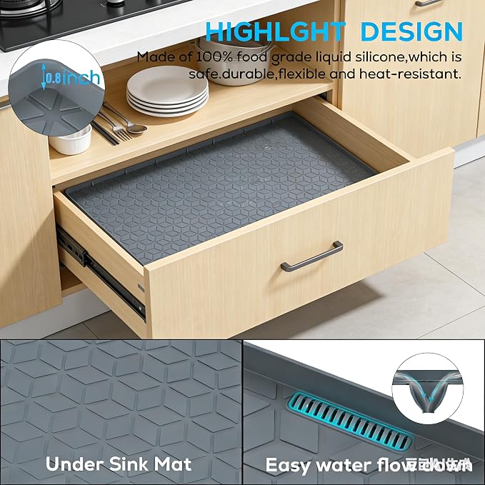 Under Sink Mats 14"x22" for Kitchen, Silicone Waterproof Liner, Sink Silicone Tray with Drain Hole, Storage and Organizers, Cabinet and Counter Protector,Litter Mat, Pet Cat Puppy Essentials