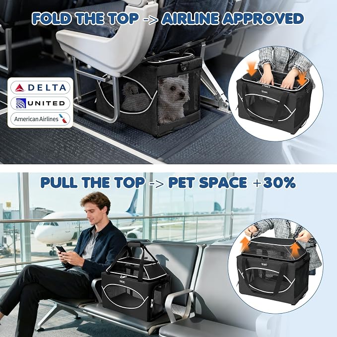 Lekereise Top-Expandable Pet Carrier 18x11x11Inch Delta American United Airline Approved Underseat to 15lbs Stable Car Travel Carriers for Small Dogs Cats with Locking Safety Zippers Anti-Scratch Mesh