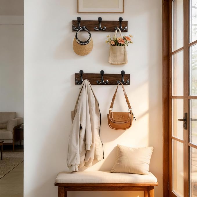 SKOLOO 17-Inch Walnut Wood Coat Rack Wall Mount with 3 Triple Hooks - Ideal for Family Entrances, Classrooms, and Pet Supplies Storage - Perfect Coat Hooks for Wall