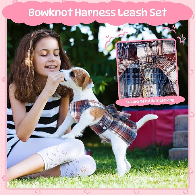 Coppthinktu Plaid Dog Dresses for Small Dogs Girl Bowknot Harness Leash Set