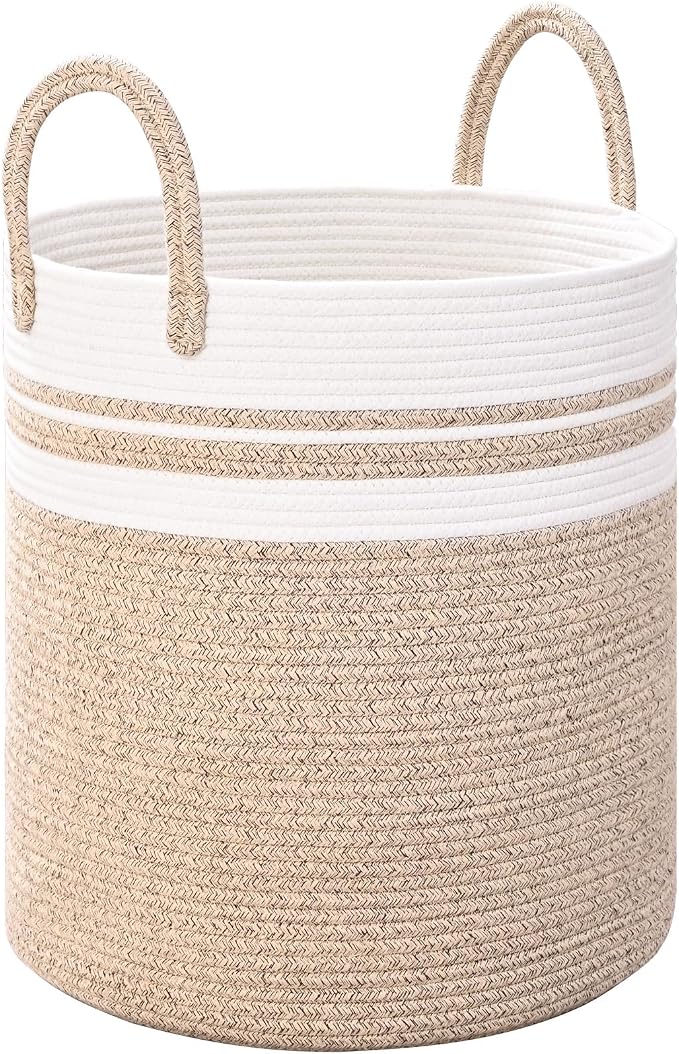 Laundry Hamper for Organizing, 52L Large Laundry Baskets, Cotton Rope Woven Blanket Basket, Collapsible Laundry Hamper for Living Room, Nursery, 15"×18", Jute
