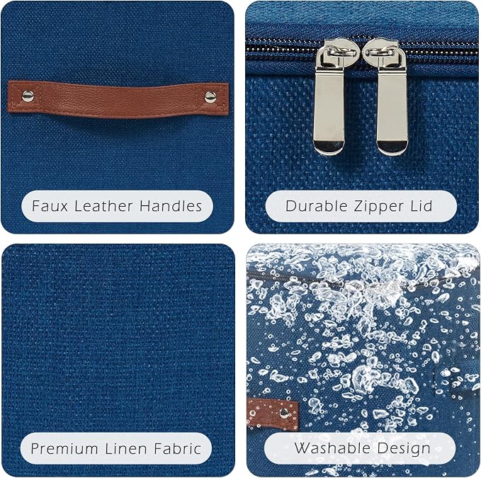 Storage Bins with Zipper Lids Decorative Lidded Baskets Boxes | Clothes Container, Closet Shelf Organizer, Foldable Washable, Cotton Linen Fabric, w/ PU Leather Handles, Deep Blue, Large