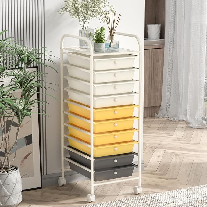 10 Drawer Rolling Storage Cart, Organization Cart with Drawers for Craft Makeup Paper Tool Art Supply, Versatile Utility Cart on Wheels for Home Office Classroom School (Yellow)