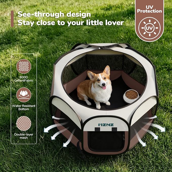 Dog Cat Small Animal Puppy Playpen Crate, Medium, Brown | Portable Pop Up Pet Cage Enclosure Tent Kennel Indoor Outdoor with Carrying Case, No Assembly, Camping Use