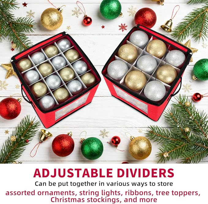 DIMESHY Christmas Ornament Storage Box Holds 64 Holiday Decorations,RED | Ornament Storage Container with Two Sturdy Carrying Handles,Adjustable Dividers,Holds Up to Christmas Ornaments by DIMESHY