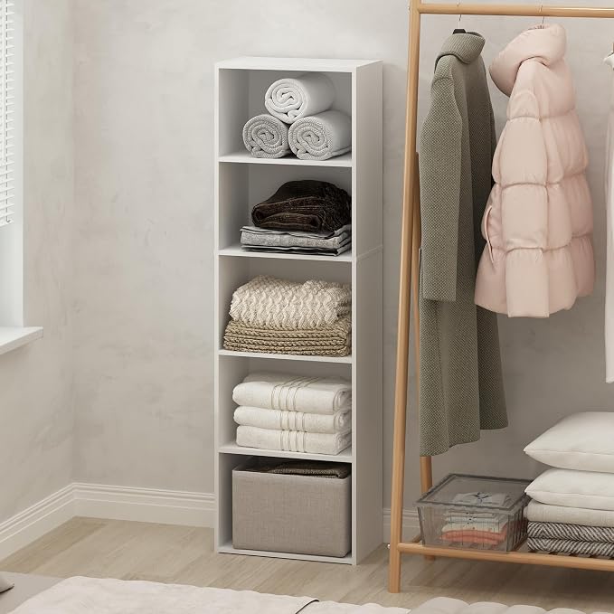 Furinno Reed Closet Organizers and Storage, 5-Tier Closet Organizer, Open Shelf Closet Storage, for Wardrobe, Bedroom, Living Room, White