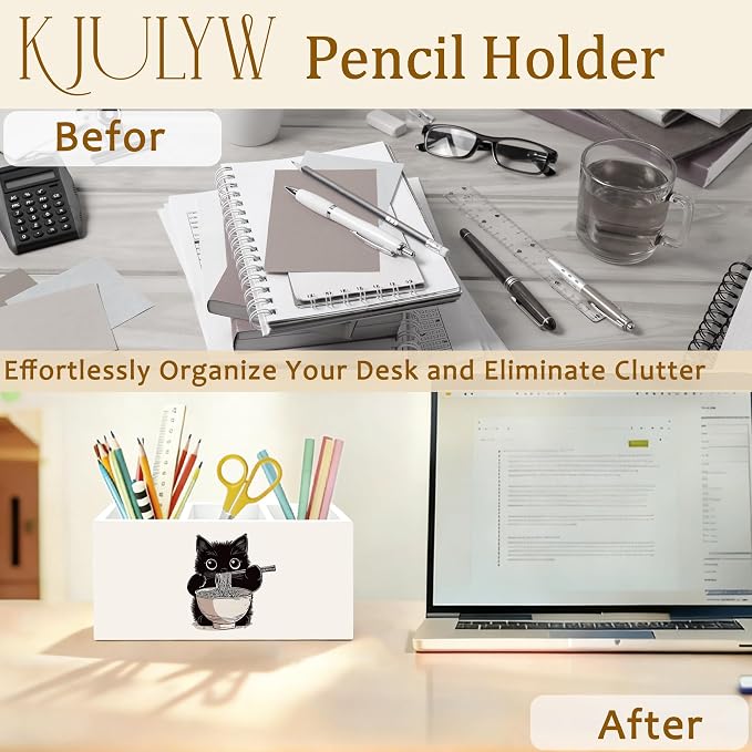 Funny Black Cat Pen Holder for Desk, Cat Lover Mom Dad Gifts, Japanese Ramen Noodles Kitty Wooden Box Pencil Pen Holder Organizer for Home Office Desk Accessories