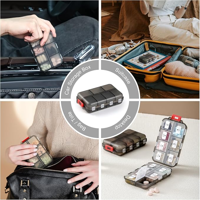 14 GRIDS Travel Pill Organizer Box with Labels - Travel Medicine Case Kit - Pocket Daily Pharmacy Container - Travel Medication Holder Dispenser for Fish Oil Vitamin Supplement Storage - Clear Gray