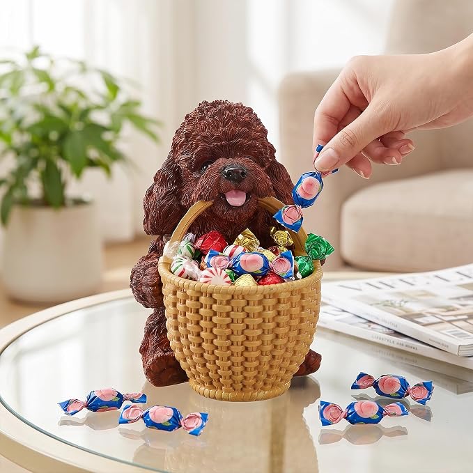 Chocolate Brown Teddy Poodle Candy Bowl, Resin Dog Figurine Key Bowl for Entryway Table, Desktop Storage Basket Organizer for Desk, Unique Dog Lover Gift