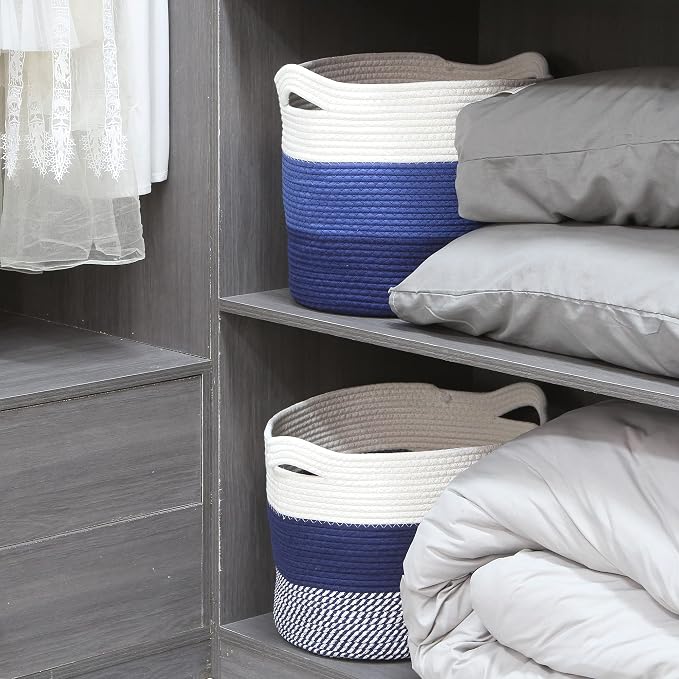 Sea Team Large Woven Cotton Rope Laundry Basket with Handles, 16 x 13 in | Collapsible Knitted Hamper, Closet Shelf Organizers, Containers for Clothing, Blankets, Toys, Bedding, Mottled Navy