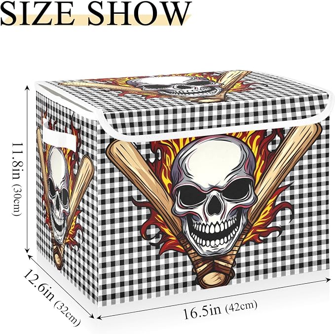 Fabric Storage Bins with Lid Fire Skull Foldable Storage Boxes 40L Baskets | Decorative Storage Boxes, Dust-Proof Flip Top, Reinforced Handles, For Home & Bedroom, Clothes & Toy Box, Skull Fabric Print