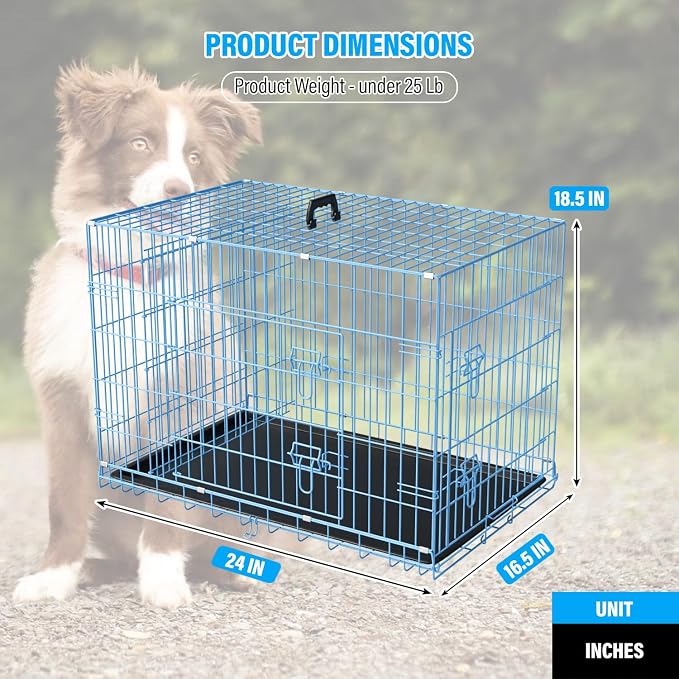 Dog Crate Dog Cage Dog Kennel Outdoor Metal Wire Double-Door Folding Pet Animal Pet Cage for Small Dog 24 inches with Plastic Tray and Handle,Blue