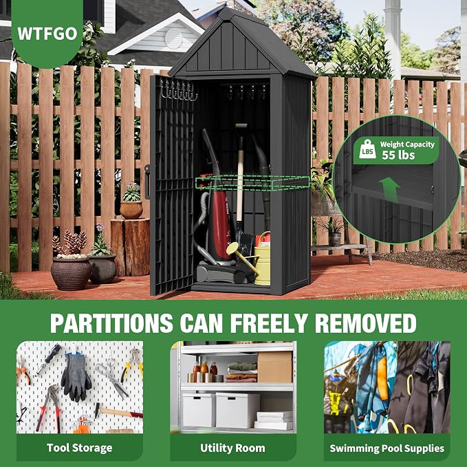 Vertical Outdoor Storage Shed, Waterproof Resin Outdoor Storage Cabinet with Removable Shelves & 12 Hooks, Lockable Small Tool Shed for Garden, Backyard, Patio, Pool, Classic Black