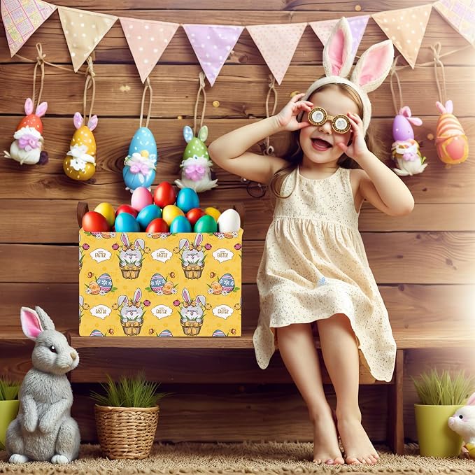 Large Cute Easter Basket for Kid Empty Gift Baby Rectangle Storage Bin Bunny Eggs Boy＆Girl Room Décor (Tulip Rabbit Yellow)