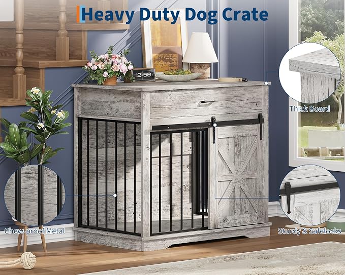 GarveeHome Dog Crate Furniture, 37.8" Large Dog Kennel Indoor, Wooden Kennel Table with Sliding Barn Door and Storage Drawer, Indoor Dog House for Large/Medium/Small Dogs