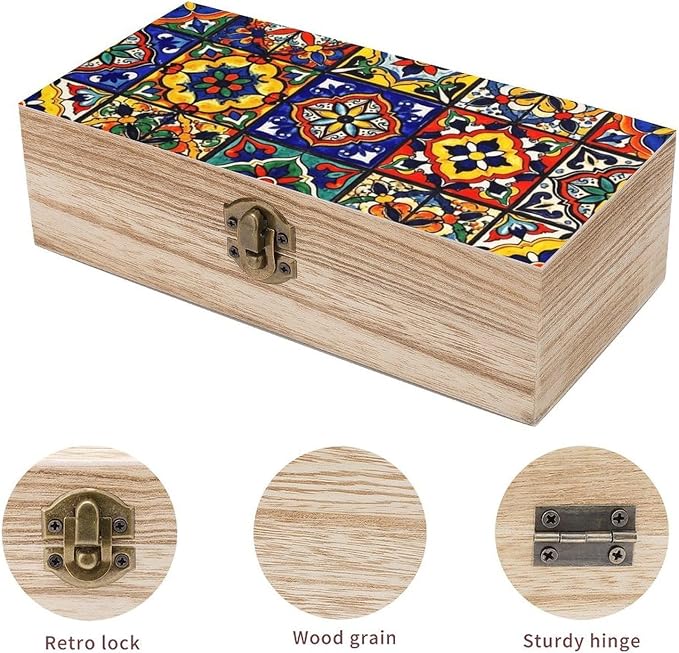 Small Memory Keepsake Box with Hinged Lid and Clasp, Mexican Talavera Tile | Colorful Floral Mexican Rectangle Jewelry Organizer for Picture Letter Storage, Gift Boxes, 9.2x5.5x3.9 Inch