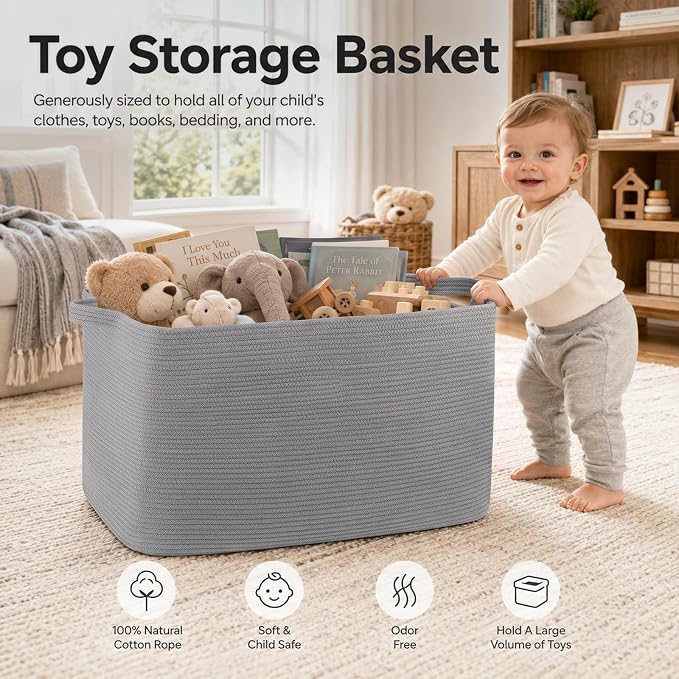 OIASKET 108L Extra Large Blanket Basket Living Room, 24.8" x 16.2" x 16.2" | Rectangle Woven Laundry Hamper, Nursery Blanket Storage Living Room, Toy Storage With Handle, Large Baskets for Organizing