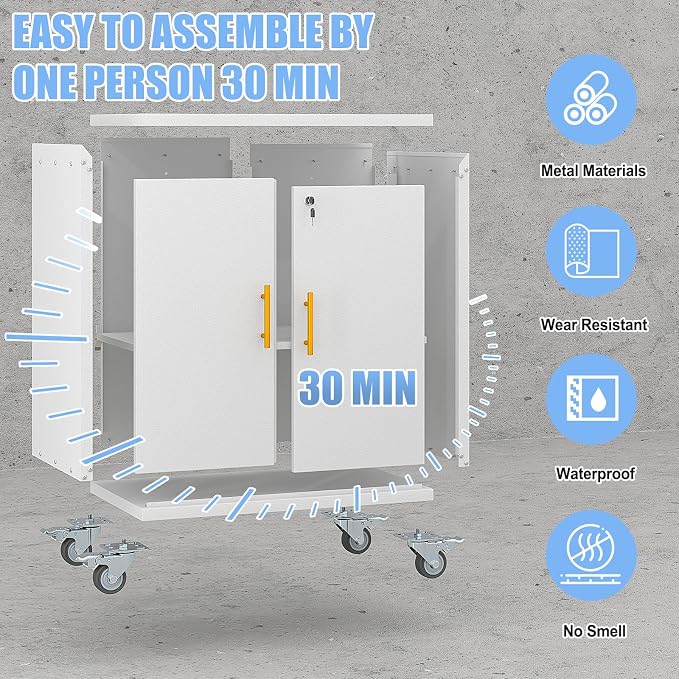 pozdeg 35.6" Rolling Metal Garage Storage Cabinet with Wheels & Lock, White