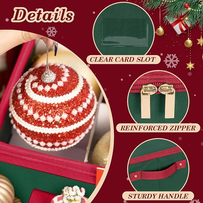 Christmas Ornament Storage Box with Adjustable Dividers Zippered Top Stores up to 72 Holiday Ornaments (3 Inch) Xmas Ball Decorations Organizer Storage Container Bin