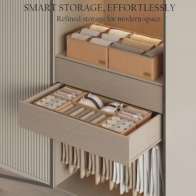 Dresser Drawer Organizer Clothes, 6 Pack Foldable Storage Boxes with Zipper, 600D Fabric, Cream, Drawer Dividers for Underwear, Socks, Baby Clothes
