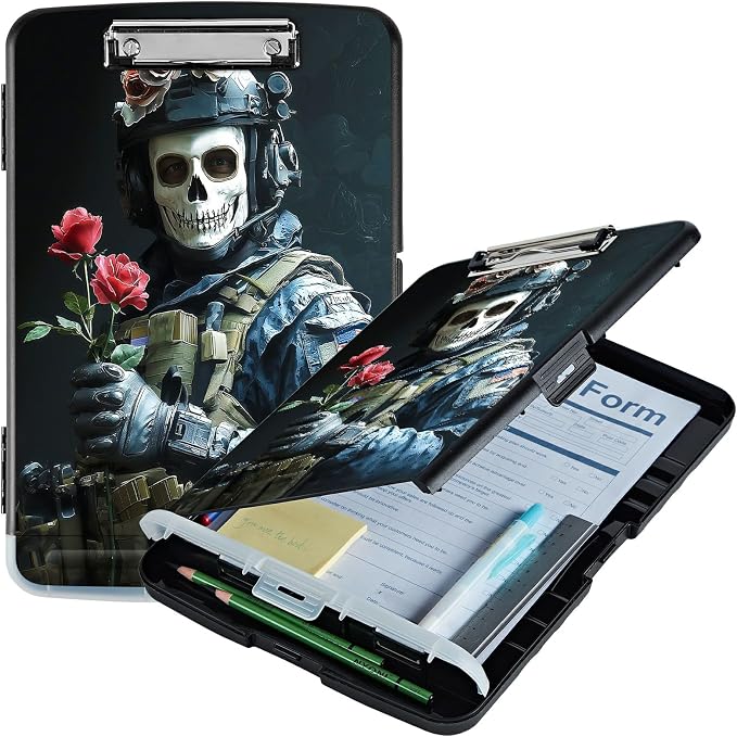 A4 Clipboard with Storage Pen Holder, Clipboards Organizer Nursing Clipboard Foldable File Folder Plastic Clipboard Folio Clip Board for Office Work Classroom Doctor, Skull Man Flower