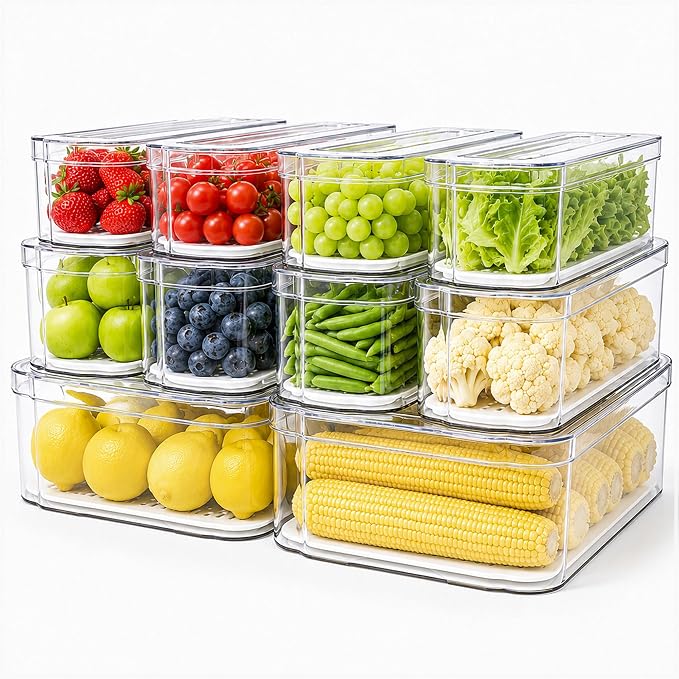 SMRCAD 10 Pack Clear Fridge Organizer Bins with Drain Trays - Stackable | BPA-Free PET, 10 Pack: 10 lidded Bins (Not drawer), Helps Keep Produce Fresh, 17.4L Capacity, Hand Wash Only
