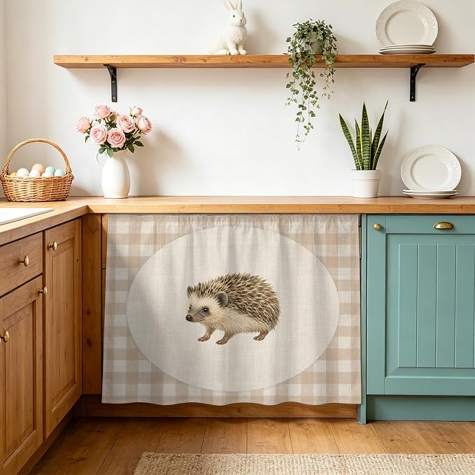 Hedgehog Oven Skirt Curtain for Kitchen Decor 28"x35", Vintage Farmhouse Linen Plaid Rustic Animal Self Adhesive Stove Curtains Skirt Cabinet Curtains for Bathroom Laundry Room