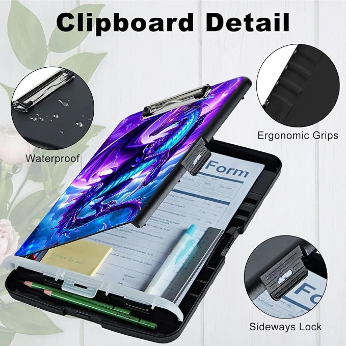A4 Clipboard with Storage Pen Holder, Clipboards Organizer Nursing Clipboard Foldable File Folder Plastic Clipboard Folio Clip Board for Office Work Classroom Doctor, Galaxy Purple Dragon