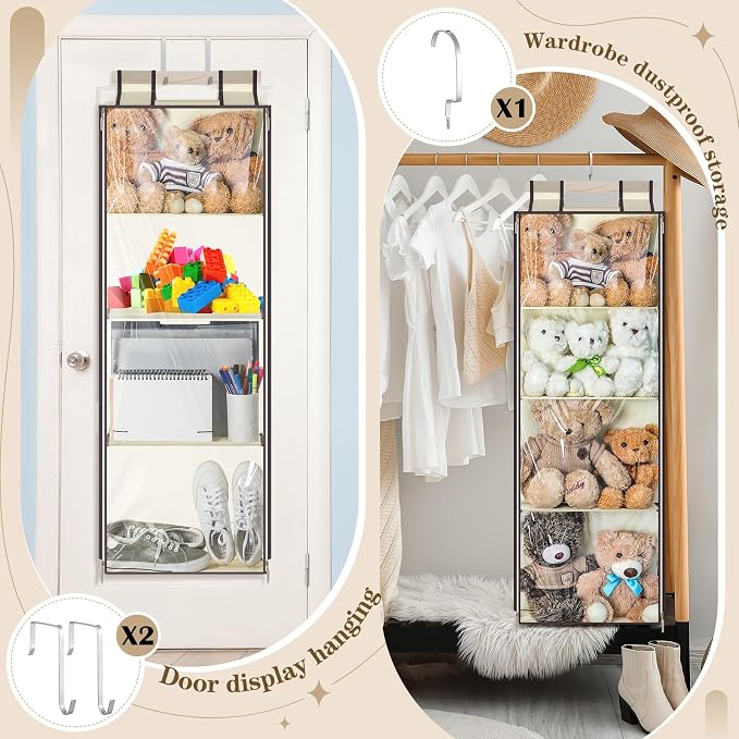 SATINIOR Hanging Stuffed Animal Storage with Zippers Dustproof over The Door Organizer with Large Pockets Different Hanging Methods for Shoes, File(Transparent,4 Layer)