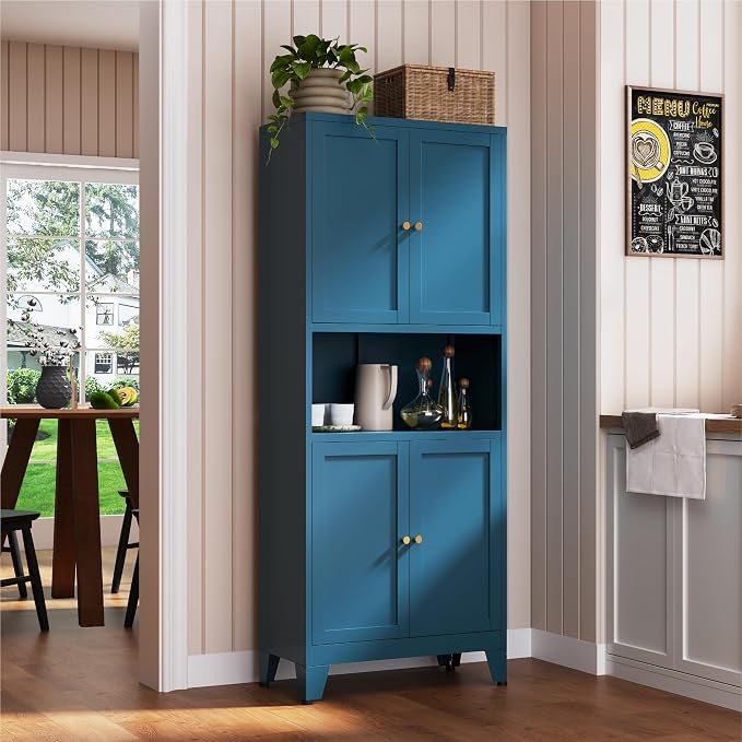 YAUWOH 69" Tall Metal Pantry Cabinet with Microwave Shelf, 4 Doors & 3 Adjustable Shelves, 120LBS Per Shelf Heavy Duty Storage Cabinet with Anti-Tip Design for Kitchen,Dining Room (1PC,Blue)