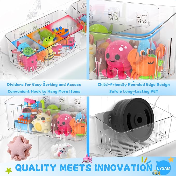 Bath Toy Storage 4 Packs, Large Bath Toy Holder - 3 Compartments, Quick-Dry | BPA-Free Bathtub Toy Organizer, Wall-Mounted Adhesive Shower Caddy, Bathroom Toy Basket & Bin for Baby, Toddler, Kids, Clear