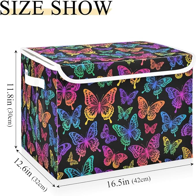 Colorful Butterfly Storage Bins with Lids Closet Bedroom 40L Fabric Bin | Decorative Storage Boxes, Foldable & Stackable, Dust-Proof Flip Top, Reinforced Handles, For Home & Dorm, Clothes & Toy Box
