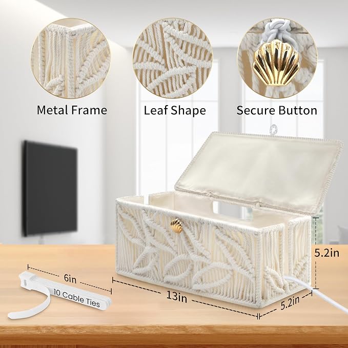 Cotton Rope Cable Management Box: 13" Handwoven Cord Organizer | Breathable Design, Natural Boho Design, Pet & Baby Safe, Cable Cover & Hider, Power Strip Storage, TV Wire Organizer