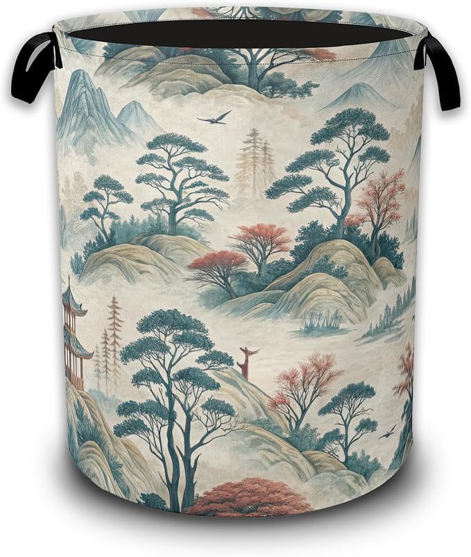 Oriental Mountain Landscape Laundry Basket,Laundry Hamper Waterproof Oxford Cloth Tote Bag,Clothes Storage Bucket Decorative Toy Organizer for Bathroom Bedroom 16" x 20.8"