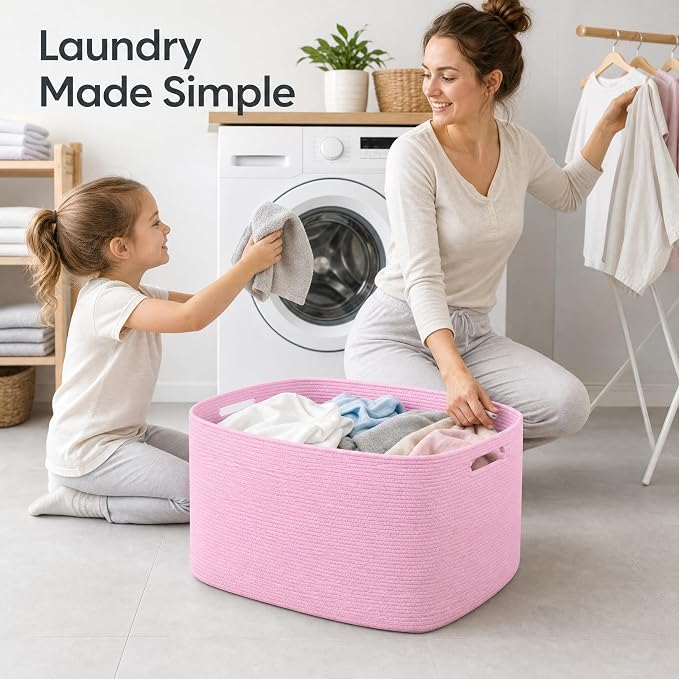 Cotton Rope Laundry Basket Extra Large, 25.4GAL Collapsible Woven Storage Baskets for Living Room Kids Toys Stuffed Animal,Boho Rectangular Decorative Hamper for Dirty Clothes, Blankets Light Pink